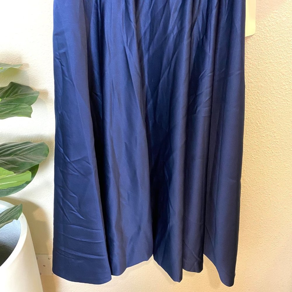 Lan Ting Bride V-Neck Quarter Sleeve Pleated A-Line Satin Tea Dress Navy Blue - Picture 7 of 8